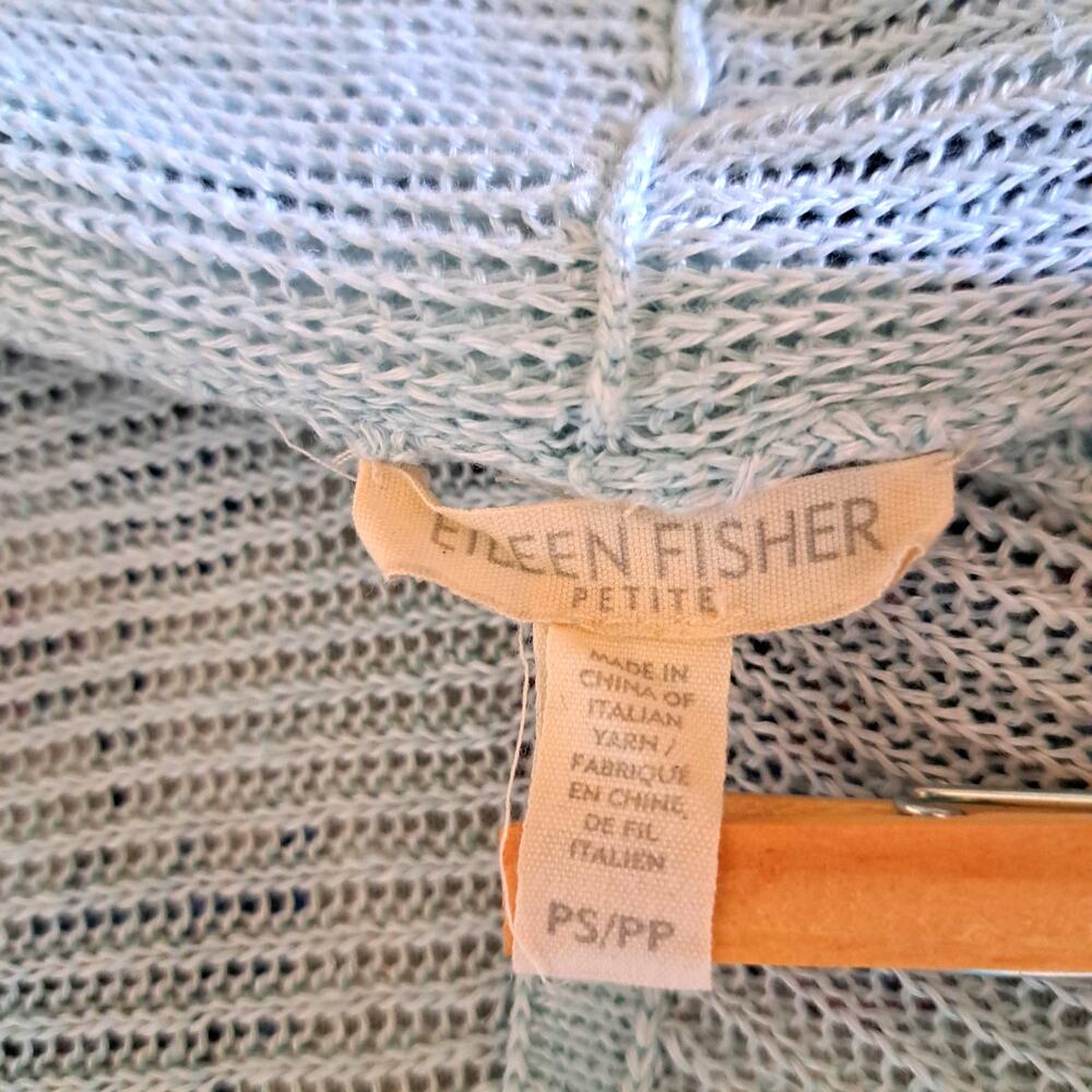 Eileen Fisher Petite Light Aqua 100% Linen Sheer Open Front Cardigan Sweater PS - Picture 4 of 7